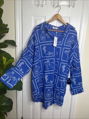 Billy J Piper Shirt Dress Coverup Chilli Cactus Print Blue White NWT Size XXL